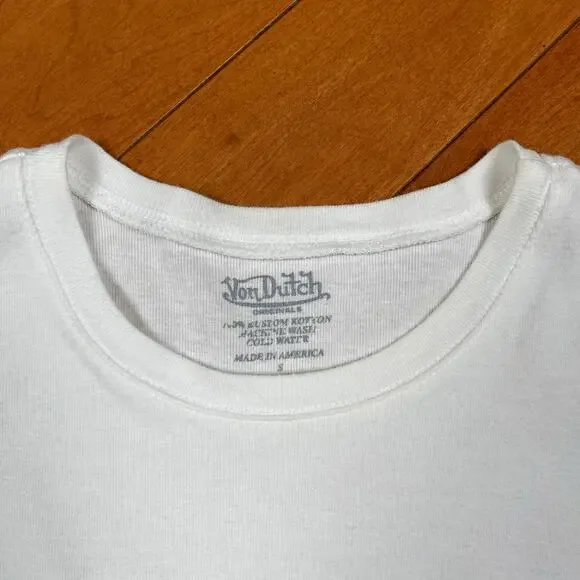 Y2K Von Dutch Logo Graphic Baby Tee White Green Babydoll T Shirt Vintage - Picture 9 of 15